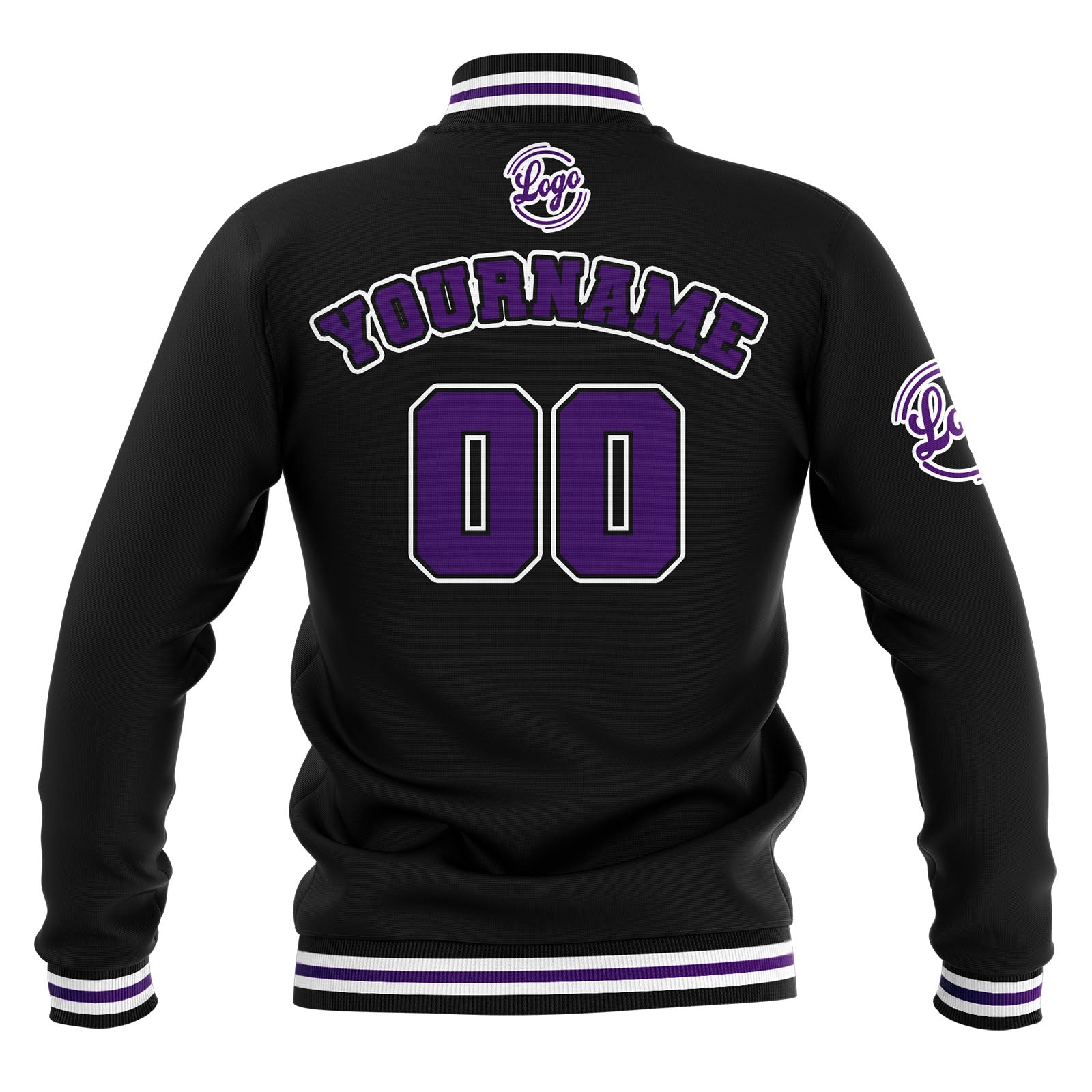 Chaquetas universitarias impermeables personalizadas en negro-morado y blanco con nombre-número y logotipo bordados