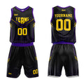 Uniforme de baloncesto personalizado en negro y morado con tu logotipo-nombre y número impresos