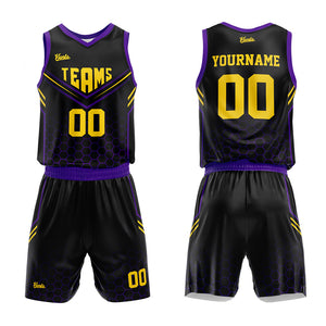 Uniforme de baloncesto personalizado en negro y morado con tu logotipo-nombre y número impresos