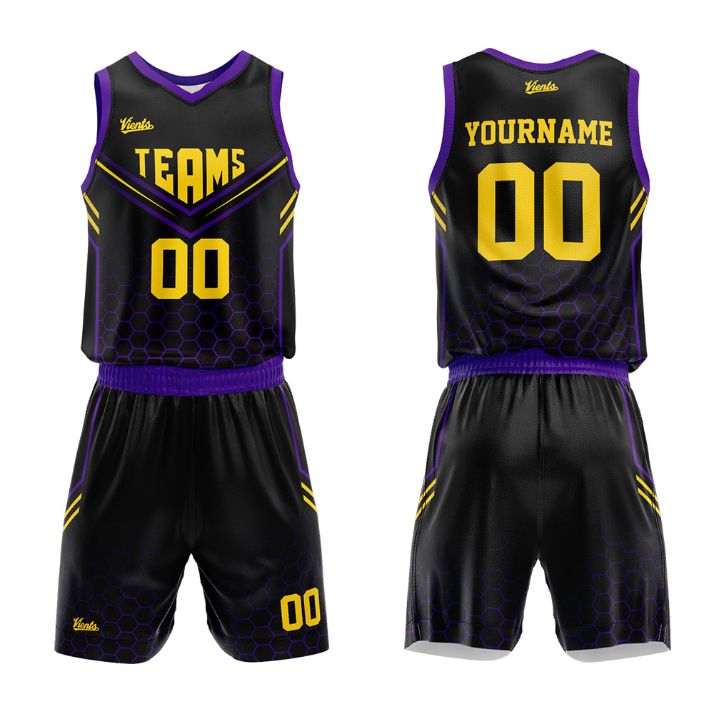 Uniforme de baloncesto personalizado en negro y morado con tu logotipo-nombre y número impresos