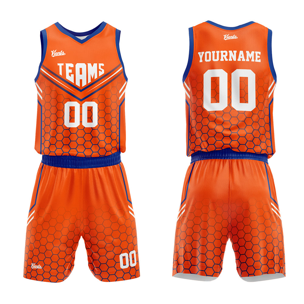 Uniforme de baloncesto personalizado color naranja y azul marino con tu logotipo-nombre y número impresos