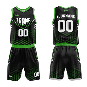 Uniforme de baloncesto personalizado negro y verde neón con tu logotipo-nombre y número impresos