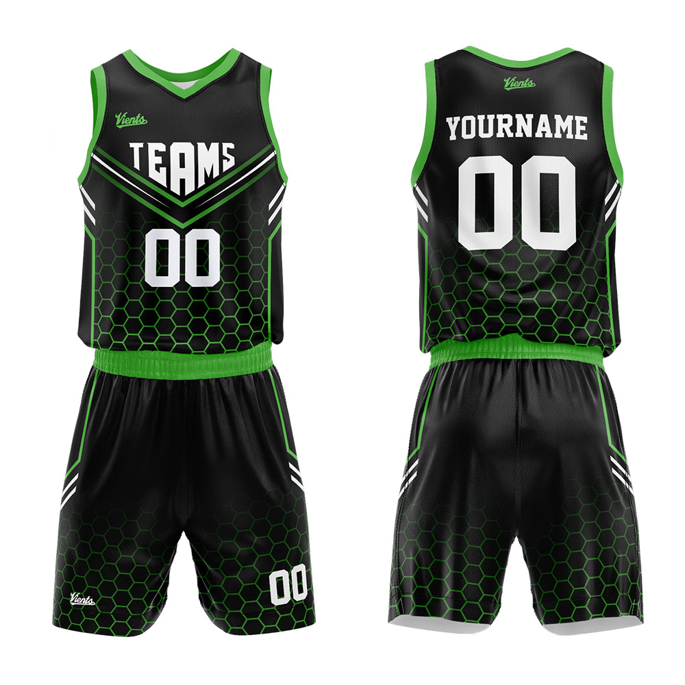 Uniforme de baloncesto personalizado negro y verde neón con tu logotipo-nombre y número impresos