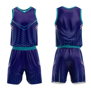 Uniforme de baloncesto personalizado en color morado y verde azulado con tu logotipo-nombre y número impresos