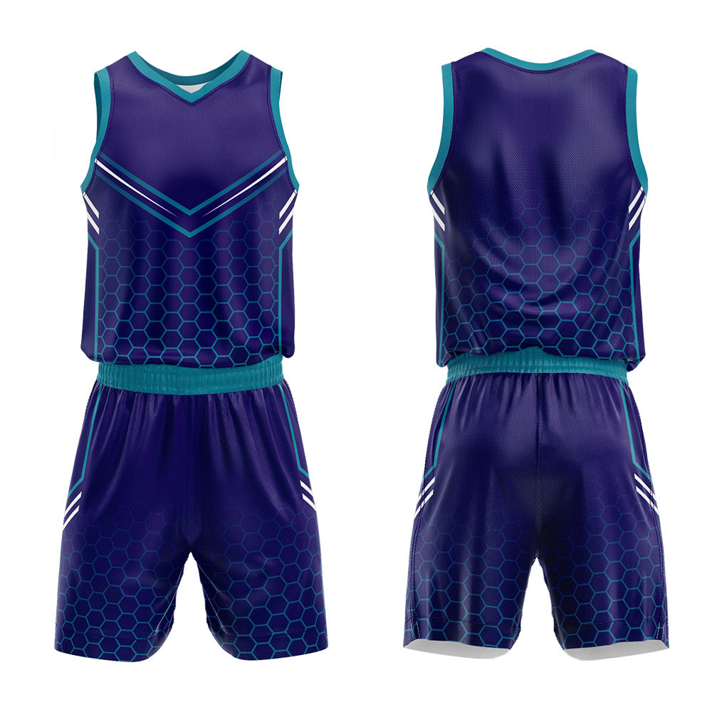 Uniforme de baloncesto personalizado en color morado y verde azulado con tu logotipo-nombre y número impresos