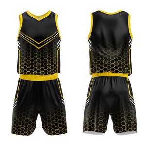 Uniforme de baloncesto personalizado negro y amarillo con tu logotipo-nombre y número impresos