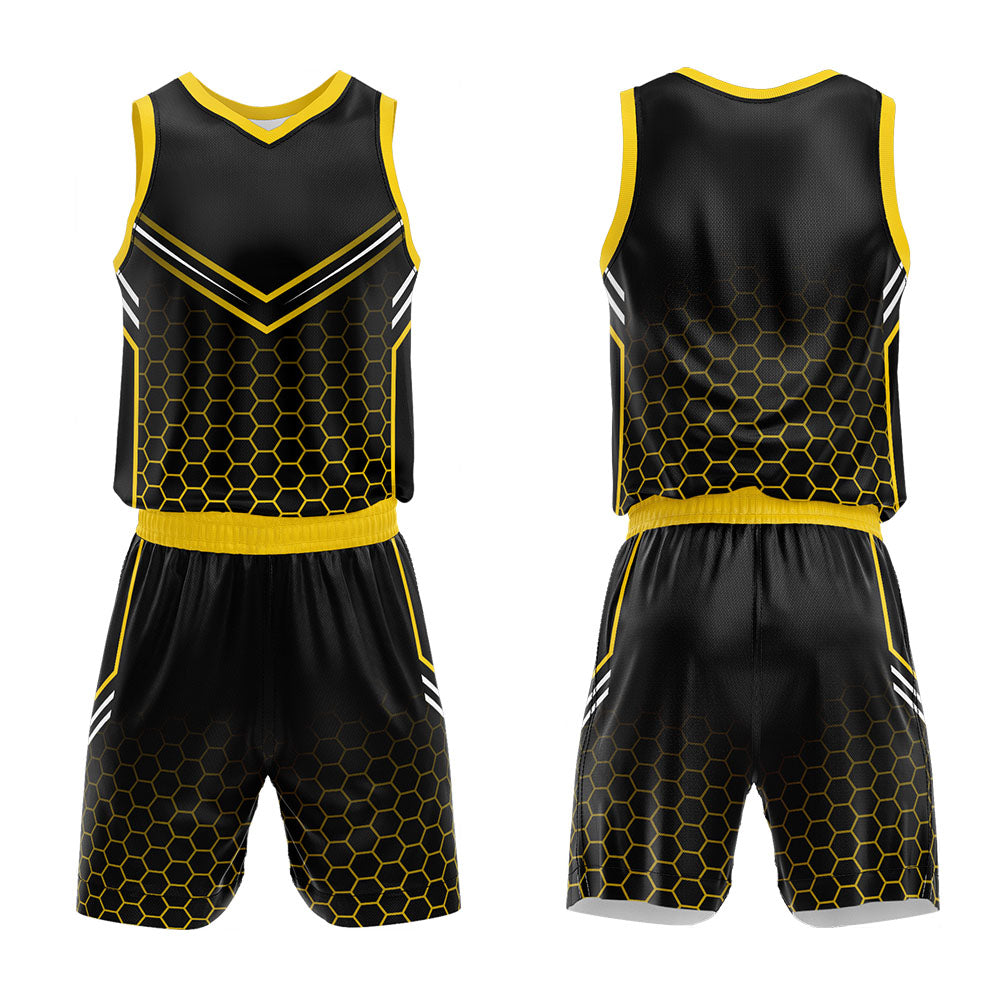 Uniforme de baloncesto personalizado negro y amarillo con tu logotipo-nombre y número impresos