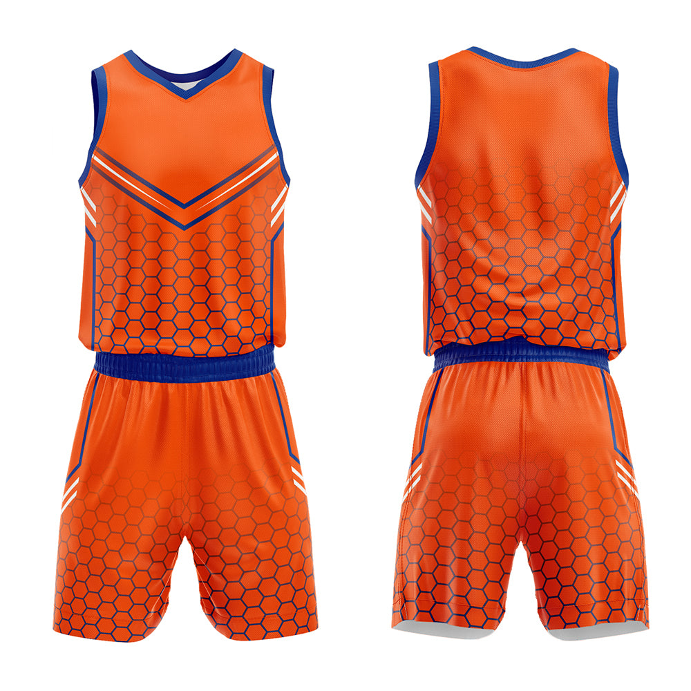 Uniforme de baloncesto personalizado color naranja y azul marino con tu logotipo-nombre y número impresos