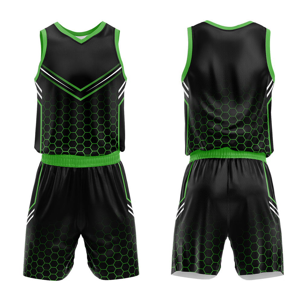 Uniforme de baloncesto personalizado negro y verde neón con tu logotipo-nombre y número impresos