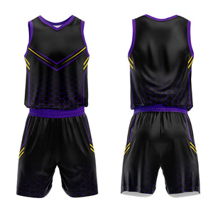 Uniforme de baloncesto personalizado en negro y morado con tu logotipo-nombre y número impresos