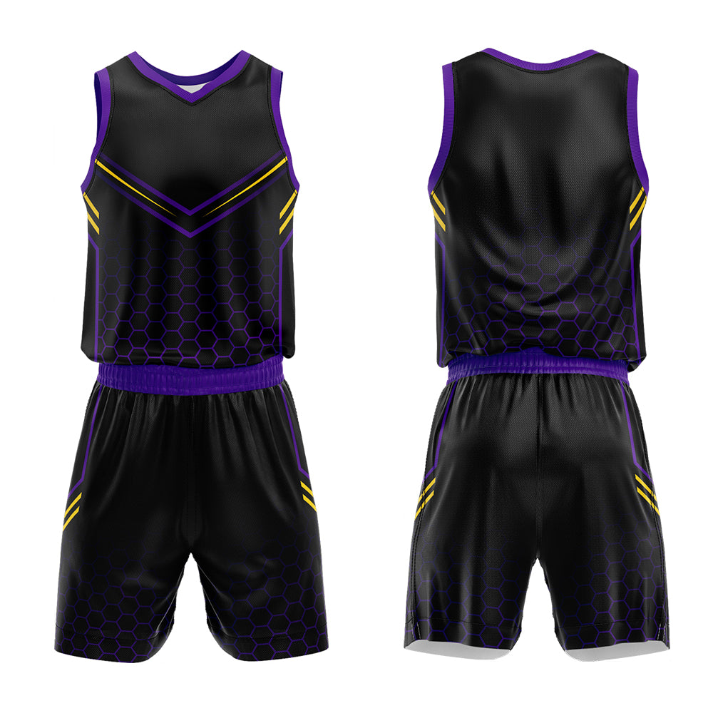 Uniforme de baloncesto personalizado en negro y morado con tu logotipo-nombre y número impresos