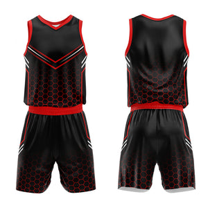 Uniforme de baloncesto personalizado en negro y rojo con tu logotipo-nombre y número impresos