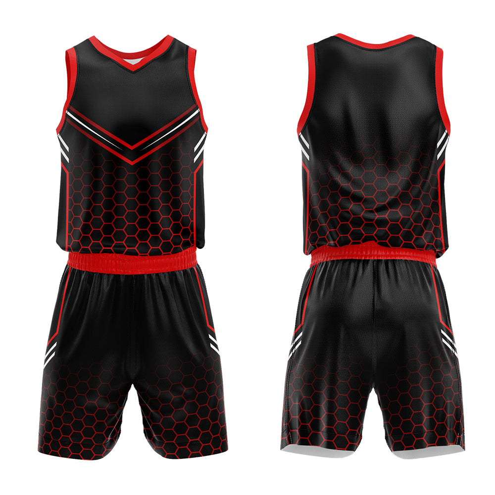 Uniforme de baloncesto personalizado en negro y rojo con tu logotipo-nombre y número impresos