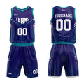 Uniforme de baloncesto personalizado en color morado y verde azulado con tu logotipo-nombre y número impresos