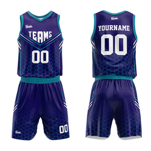 Uniforme de baloncesto personalizado en color morado y verde azulado con tu logotipo-nombre y número impresos