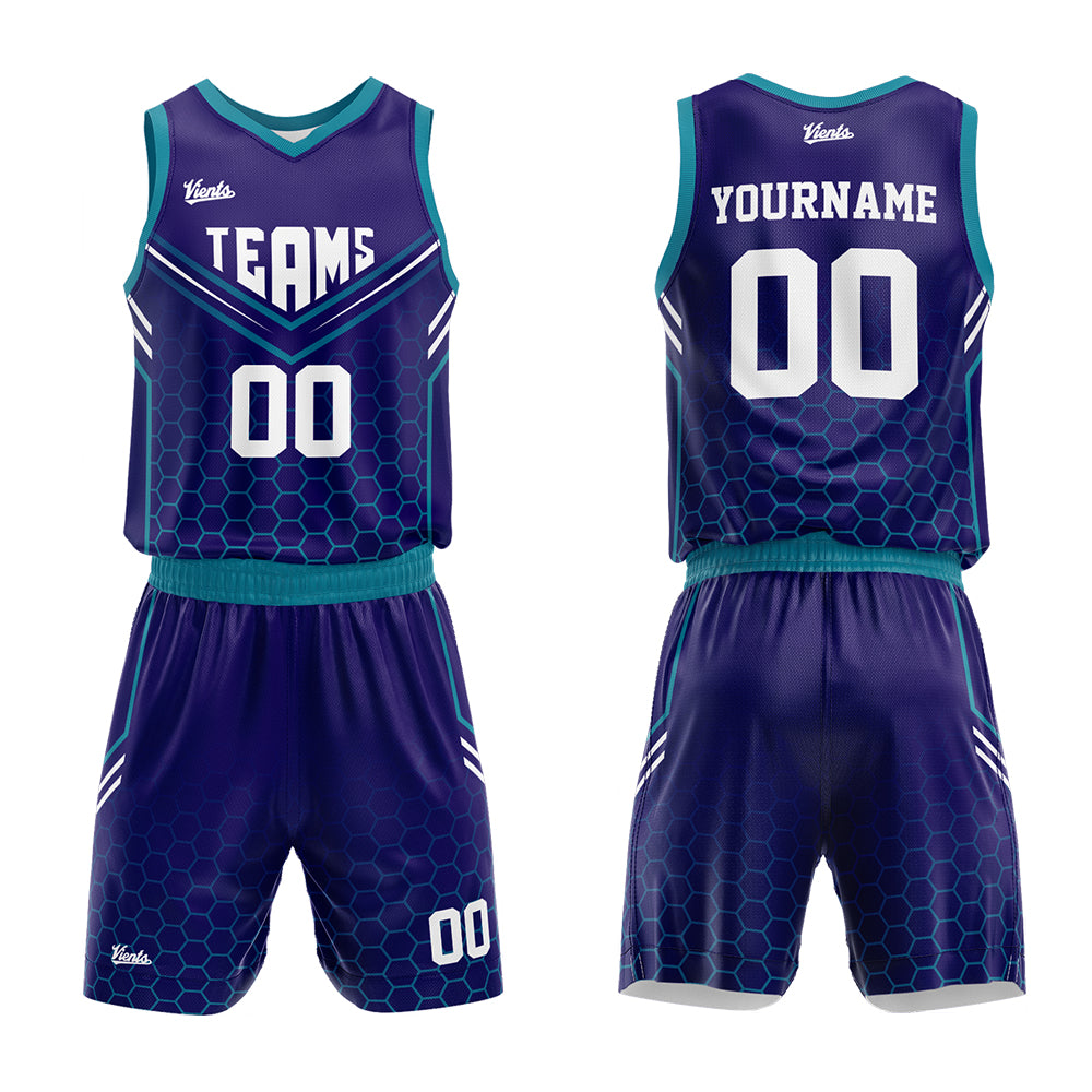 Uniforme de baloncesto personalizado en color morado y verde azulado con tu logotipo-nombre y número impresos