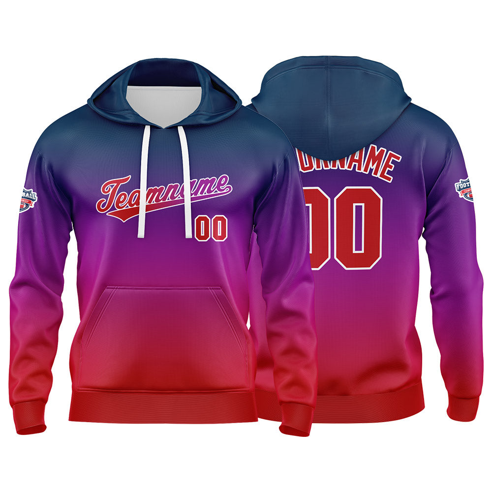 Sudadera con capucha personalizada con degradado para hombre-mujer-niña o niño Estampa tu logotipo-nombre o número en azul-morado o rojo