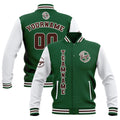 Chaquetas universitarias impermeables personalizadas en verde-blanco y marrón con nombre-número y logotipo bordados