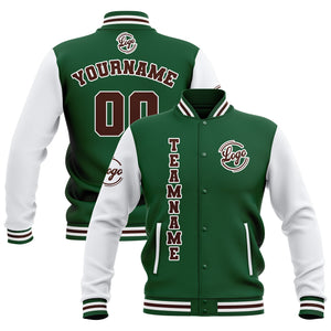 Chaquetas universitarias impermeables personalizadas en verde-blanco y marrón con nombre-número y logotipo bordados