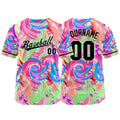 Dise?o personalizado de camiseta de béisbol con estampado completo en verde rosa y morado