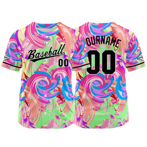 Dise?o personalizado de camiseta de béisbol con estampado completo en verde rosa y morado