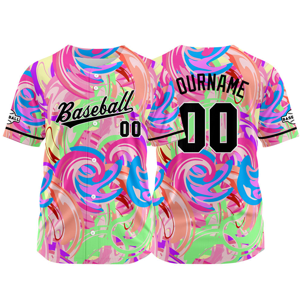 Dise?o personalizado de camiseta de béisbol con estampado completo en verde rosa y morado