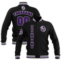 Chaquetas universitarias impermeables personalizadas en negro-morado y blanco con nombre-número y logotipo bordados