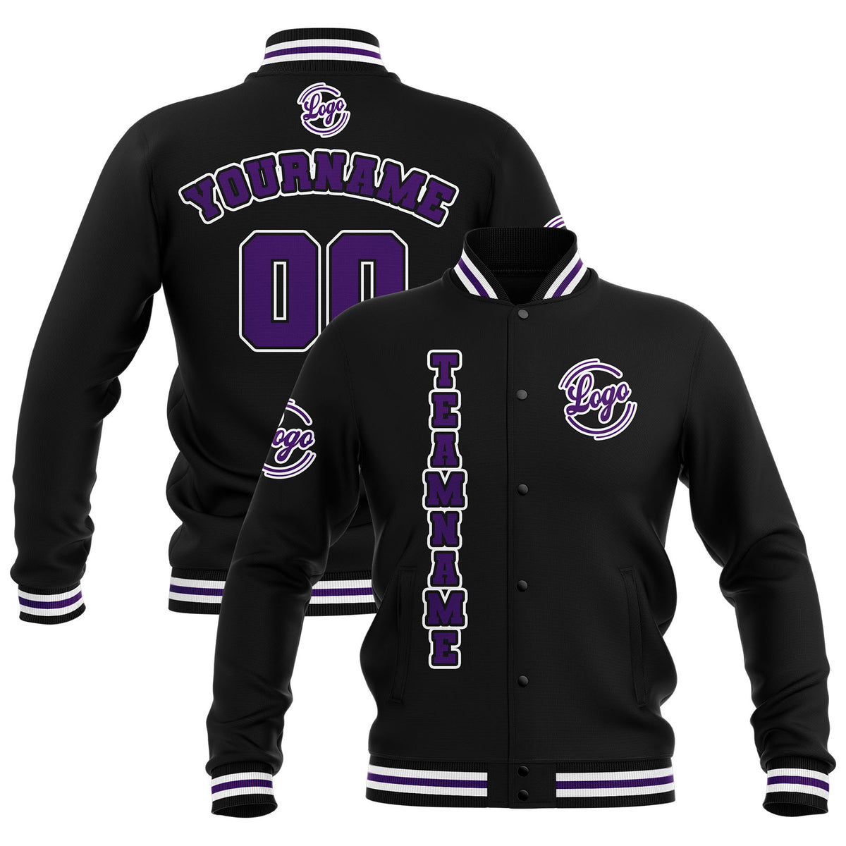 Chaquetas universitarias impermeables personalizadas en negro-morado y blanco con nombre-número y logotipo bordados