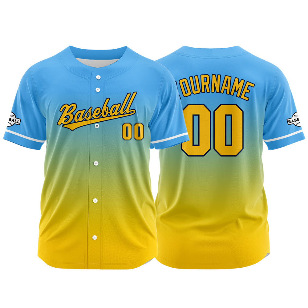 Camiseta de béisbol con dise?o personalizado estampado completo en amarillo y azul claro