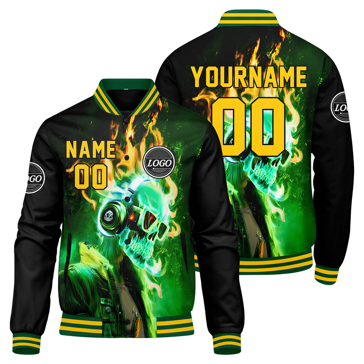 Chaqueta universitaria personalizada estilo Letterman para hombres-mujeres y jóvenes-color verde y amarillo