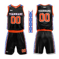 Uniforme de baloncesto personalizado en negro-naranja y azul marino con tu logotipo-nombre y número impresos