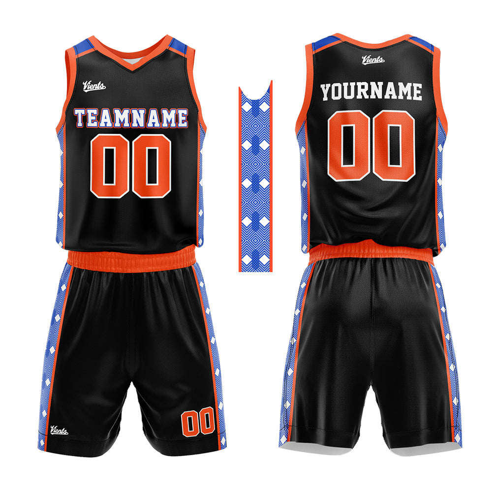 Uniforme de baloncesto personalizado en negro-naranja y azul marino con tu logotipo-nombre y número impresos