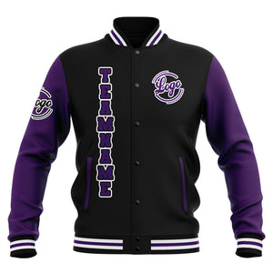 Chaquetas universitarias impermeables personalizadas en negro-morado y blanco con nombre-número y logotipo bordados
