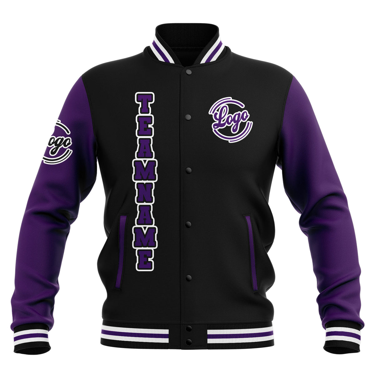Chaquetas universitarias impermeables personalizadas en negro-morado y blanco con nombre-número y logotipo bordados