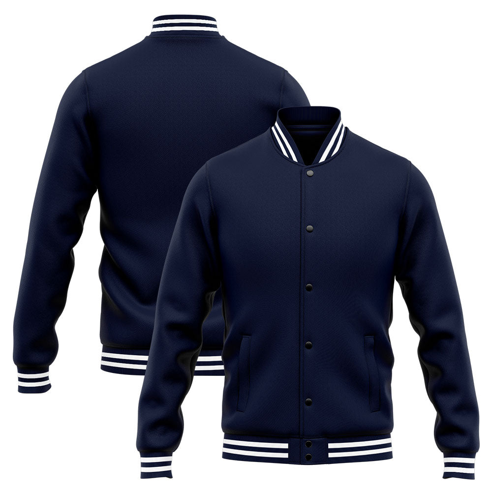 Chaqueta universitaria personalizada estilo Letterman para hombres-mujeres y jóvenes-color azul marino y blanco