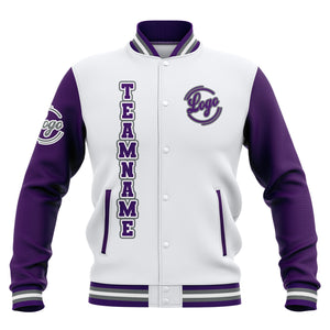Chaquetas universitarias impermeables personalizadas en blanco-morado y gris con nombre-número y logotipo bordados