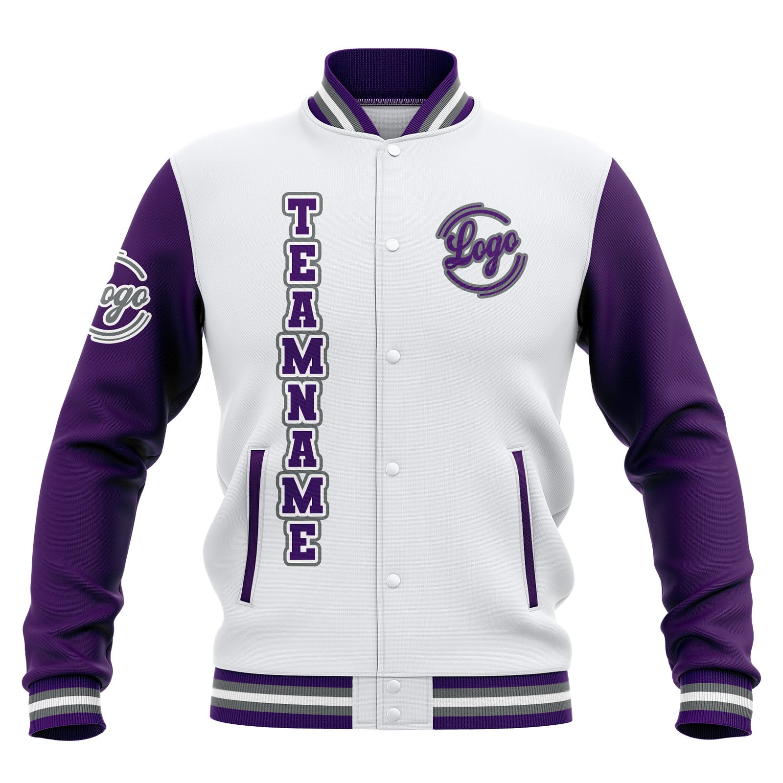 Chaquetas universitarias impermeables personalizadas en blanco-morado y gris con nombre-número y logotipo bordados