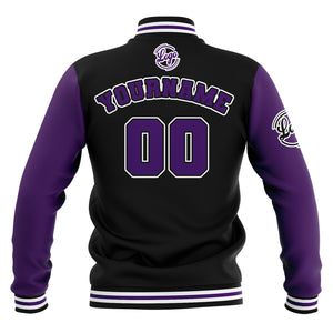 Chaquetas universitarias impermeables personalizadas en negro-morado y blanco con nombre-número y logotipo bordados
