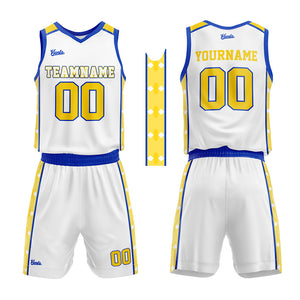 Uniforme de baloncesto personalizado blanco y amarillo real con su logotipo-nombre y número impresos