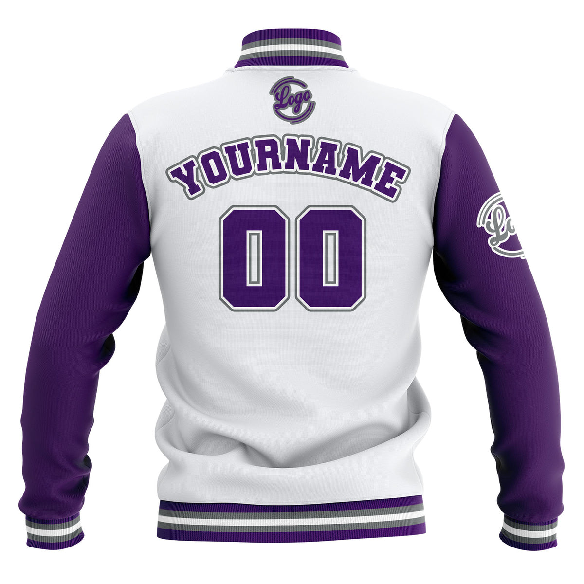 Chaquetas universitarias impermeables personalizadas en blanco-morado y gris con nombre-número y logotipo bordados