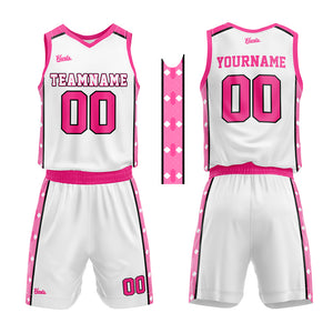 Uniforme de baloncesto personalizado blanco y rosa con tu logotipo-nombre y número impresos