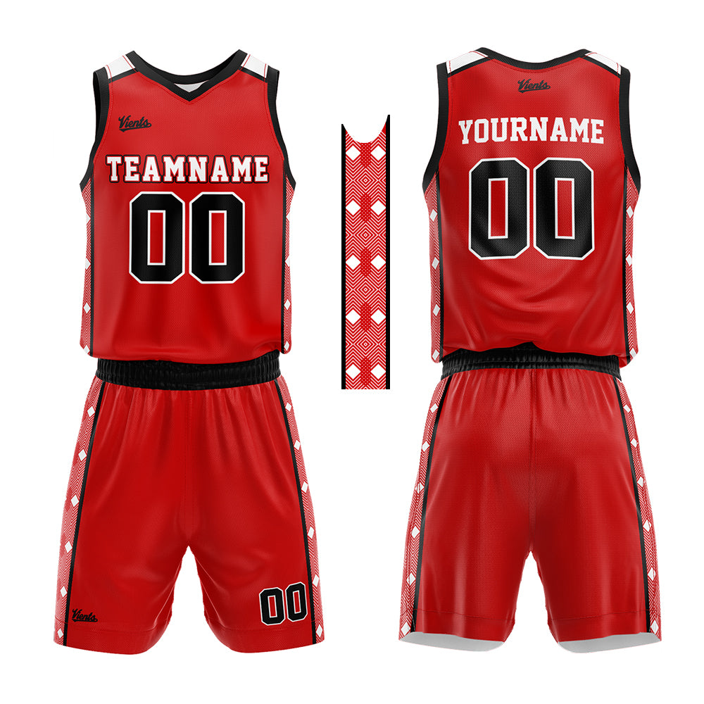 Uniforme de baloncesto personalizado rojo y negro con tu logotipo-nombre y número impresos