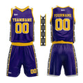 Uniforme de baloncesto personalizado en color morado y amarillo con tu logotipo-nombre y número impresos