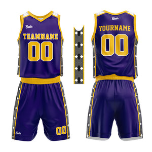 Uniforme de baloncesto personalizado en color morado y amarillo con tu logotipo-nombre y número impresos