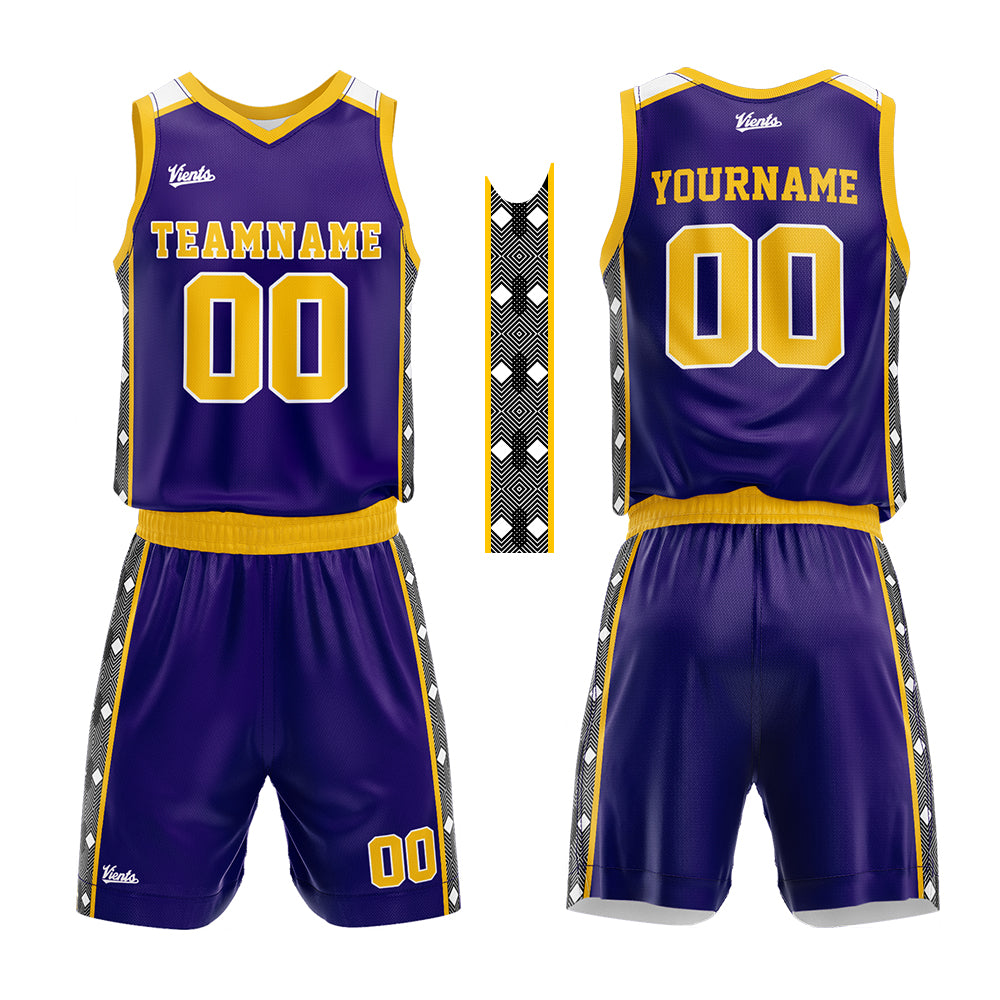 Uniforme de baloncesto personalizado en color morado y amarillo con tu logotipo-nombre y número impresos