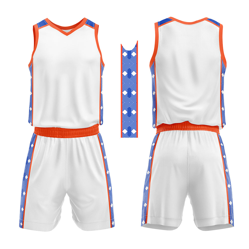 Uniforme de baloncesto personalizado en blanco-naranja y azul marino con tu logotipo-nombre y número impresos