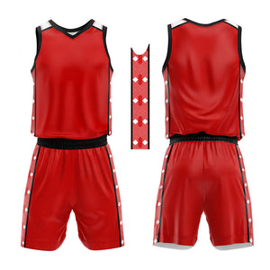 Uniforme de baloncesto personalizado rojo y negro con tu logotipo-nombre y número impresos