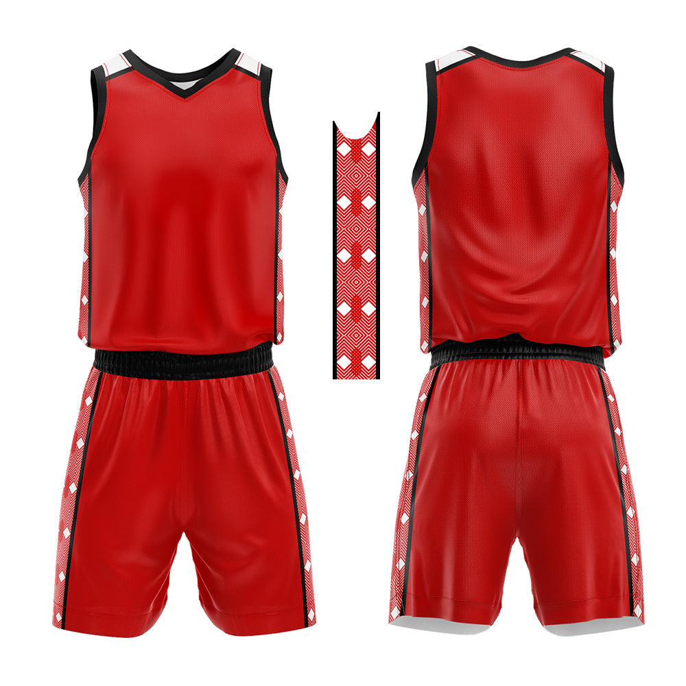 Uniforme de baloncesto personalizado rojo y negro con tu logotipo-nombre y número impresos