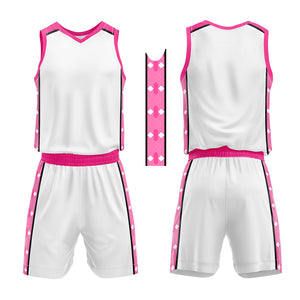 Uniforme de baloncesto personalizado blanco y rosa con tu logotipo-nombre y número impresos
