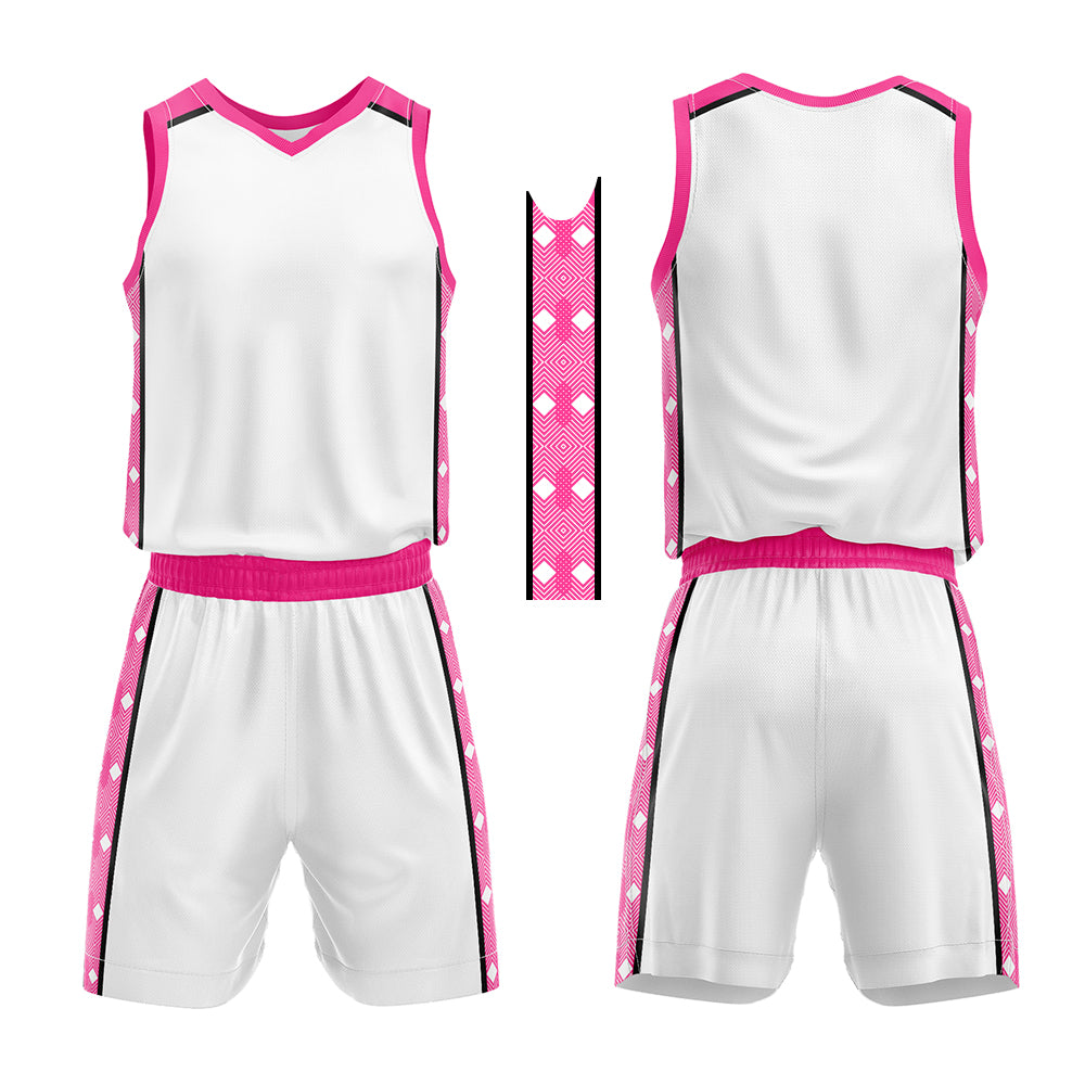 Uniforme de baloncesto personalizado blanco y rosa con tu logotipo-nombre y número impresos